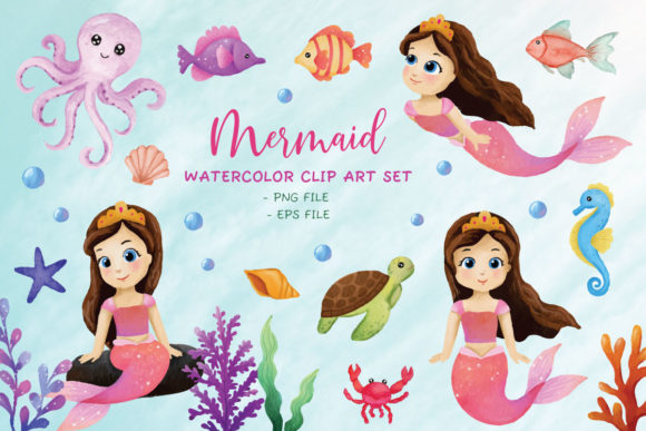 Mermaid Watercolor ClipArt Set PNG for Print Templates