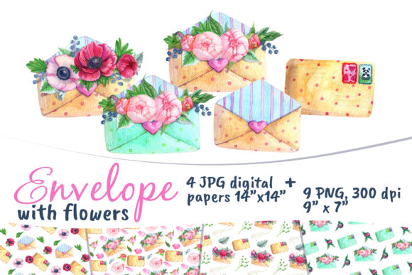 Watercolor Envelope with Flowers: Premium Textures